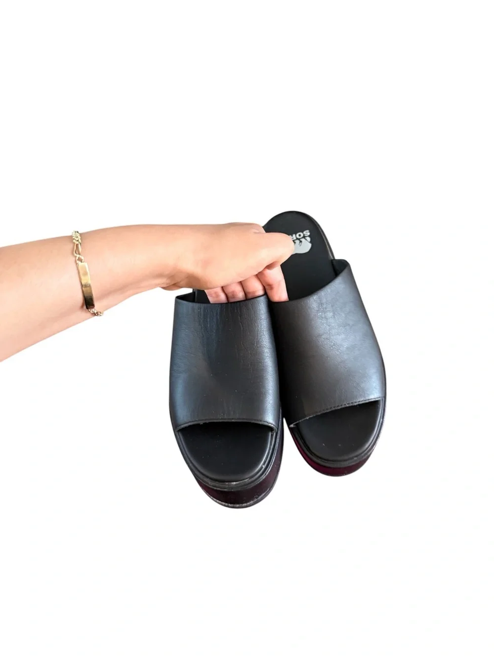 SOREL Dayspring Wedge Platform Vegan Faux Leather Open Slides Black Sandals